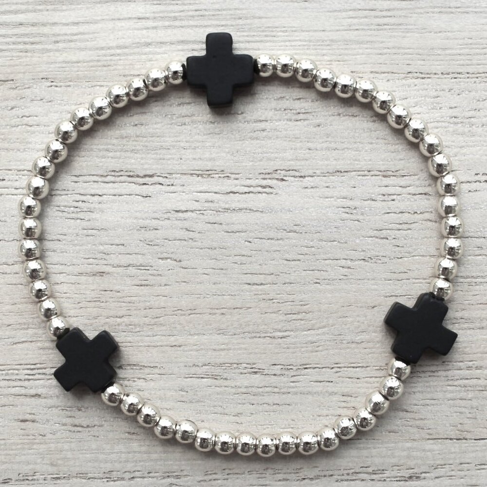 Cross Bracelet Sterling silver beads stretch, no tarnish waterproof stretchy